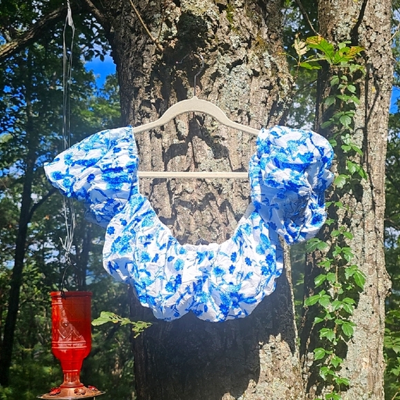 Forever 21 Cotton Balloon Puff Sleeve Floral Crop Top Size L - Picture 1 of 5